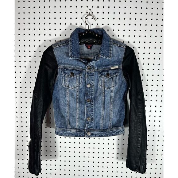 Girls Maison Scotch denim & leather button down jacket size 1 - Picture 1 of 10